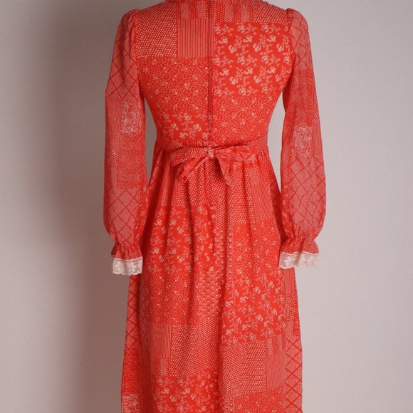 ❄ Vtg Red Prairie Boho Calico Cottage Core Floral Lace Dress Hippie Peasant XS - Picture 9 of 10